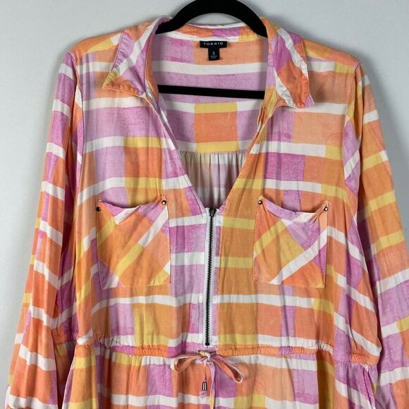 Torrid Peach Plaid Stretch Challis Shirt Dress Womens 3X Tie Waist Collar V Neck - Picture 2 of 10
